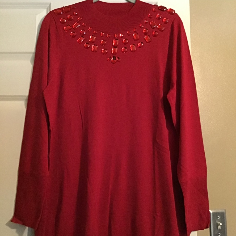 NWT Miss Tina Red Tunic/Mini Dress with Beaded Collar Sz.L
